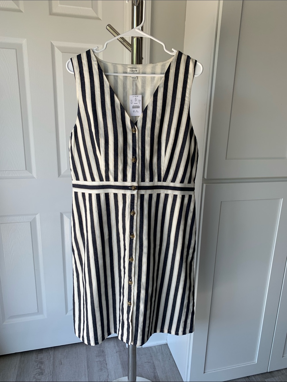 J.Crew Factory Cream, Beige, & Navy Vertical Stripe Button Down Dress, Size 14.
